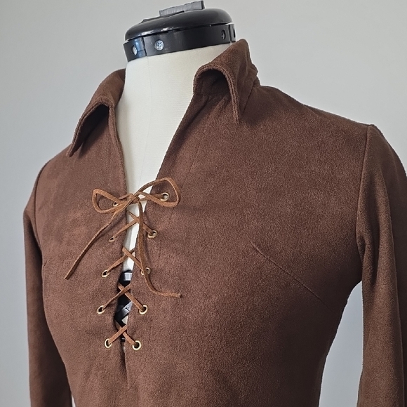 Shiyuan Brown Faux Suede Lace-Up Top – Y2K Retro Piece – Size XS - Picture 2 of 7